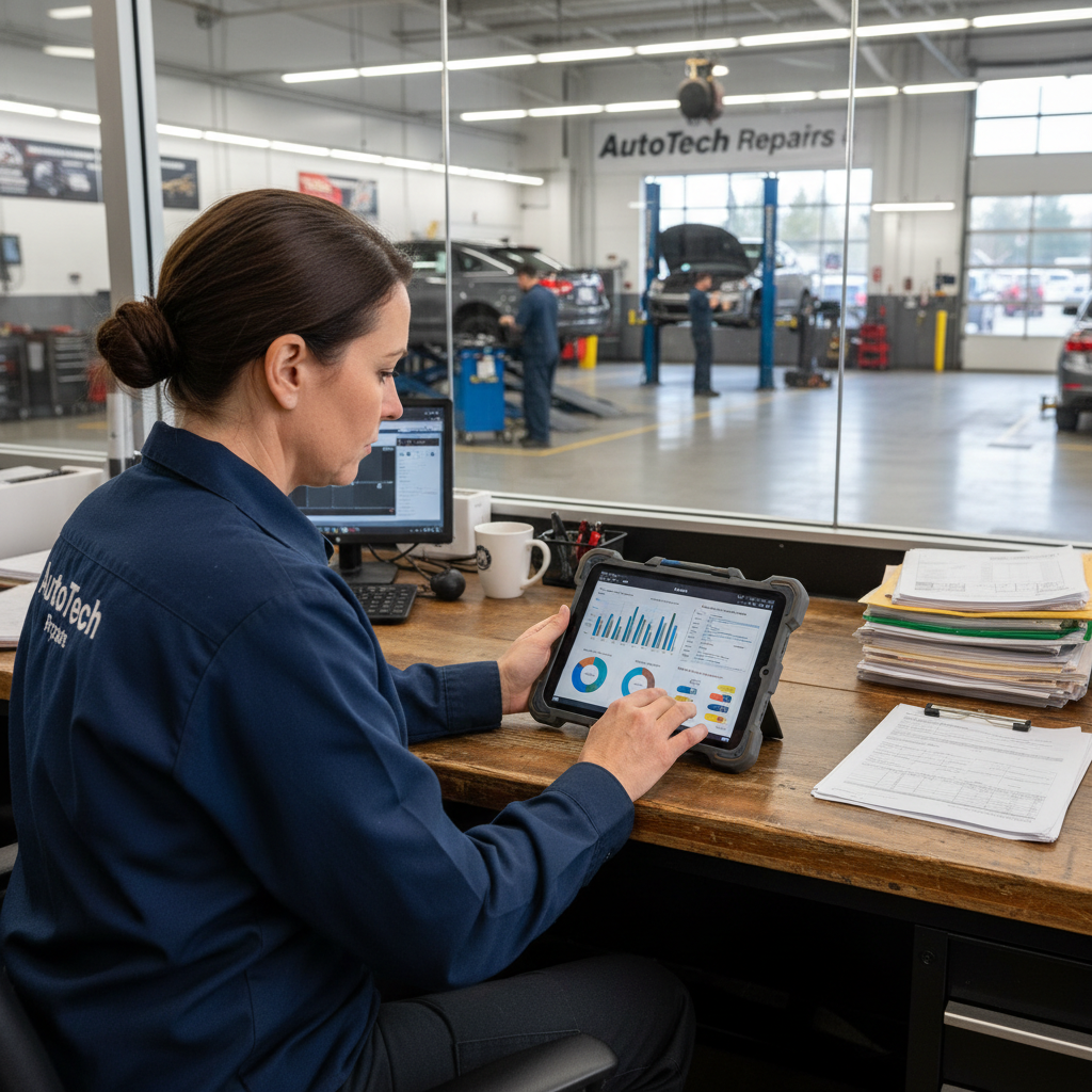 Automotive repair business team member reviewing performance data