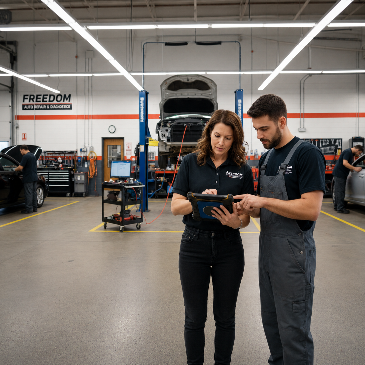 Automotive repair professionals reviewing shop information