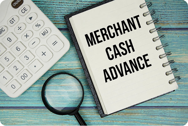 Business owner reviewing merchant cash advance costs with a calculator