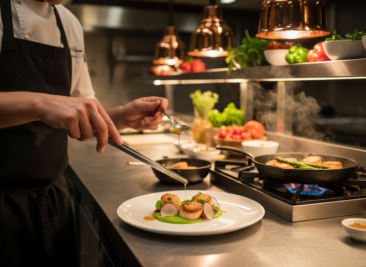Chef preparing a plated restaurant meal