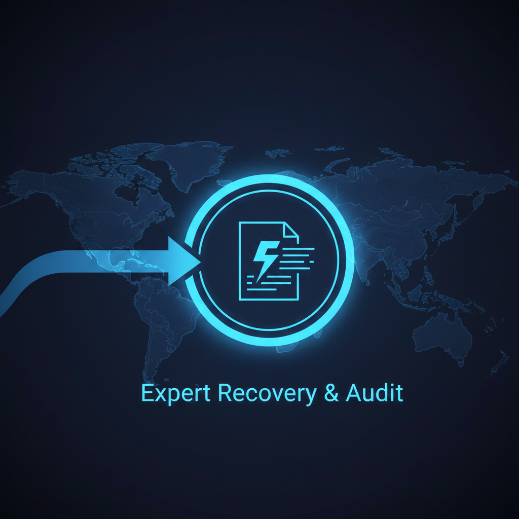 Expert recovery and audit graphic over a world map
