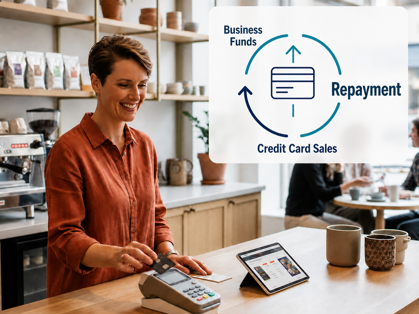 Business owner processing a credit card sale with a split funding repayment diagram
