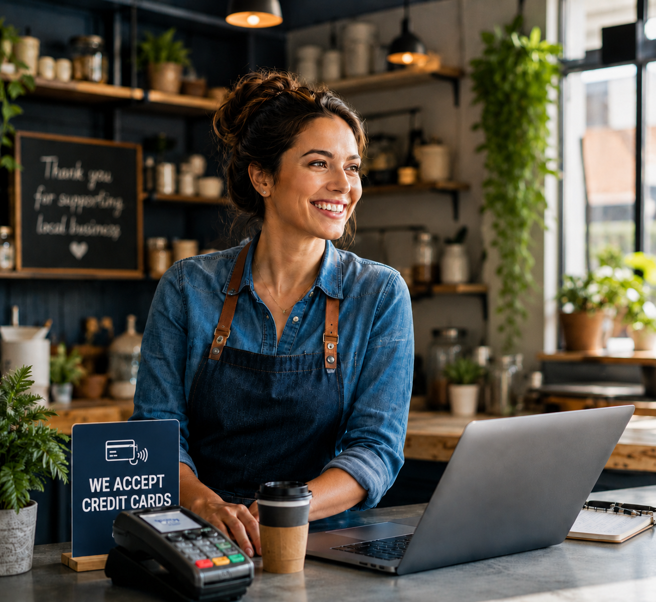 Business owner working at a laptop in a retail store